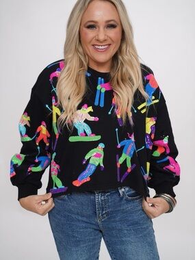 Queen of Sparkles Scatter Skier Sweatshirt Black Multi Sequins XXL EUC